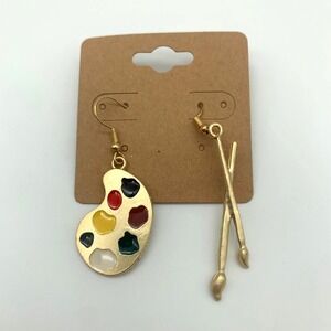 Asymmetrical Artist Earrings Paint Palette & Paintbrush Gold Tone Jewelry Gift